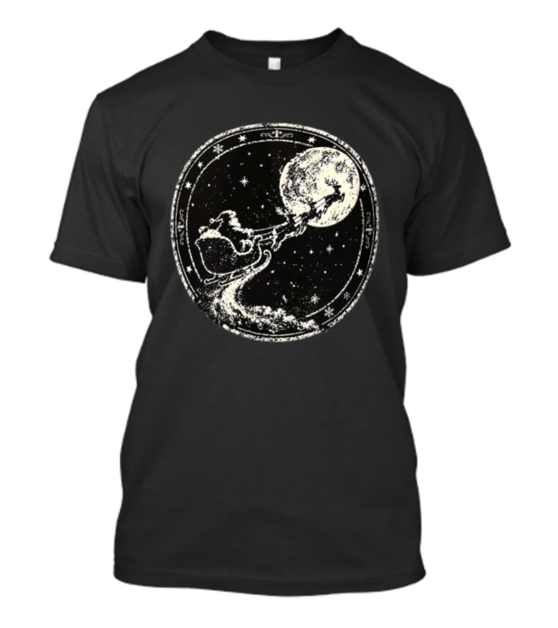 Santa Sleigh Flying Across Moonlit Night Vintage Stamp Christmas T-Shirt