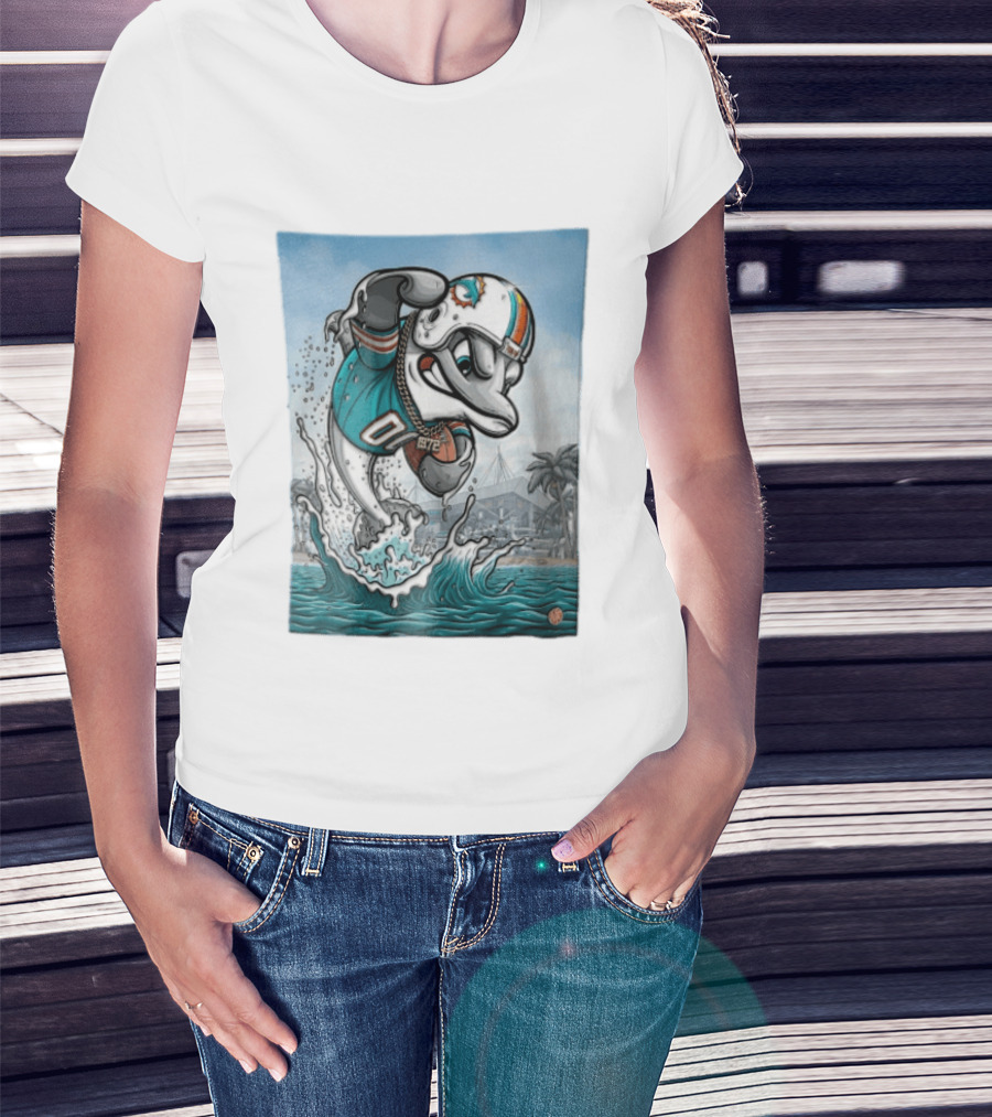 Miami Dolphins Garo Yepremian Fins Up 1972 Cartoon Dolphin Helmet Football T-Shirt