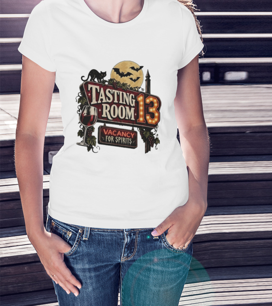 Tasting Room 13 Vacancy For Spirits Halloween Wine Moon Bats Cat T-Shirt