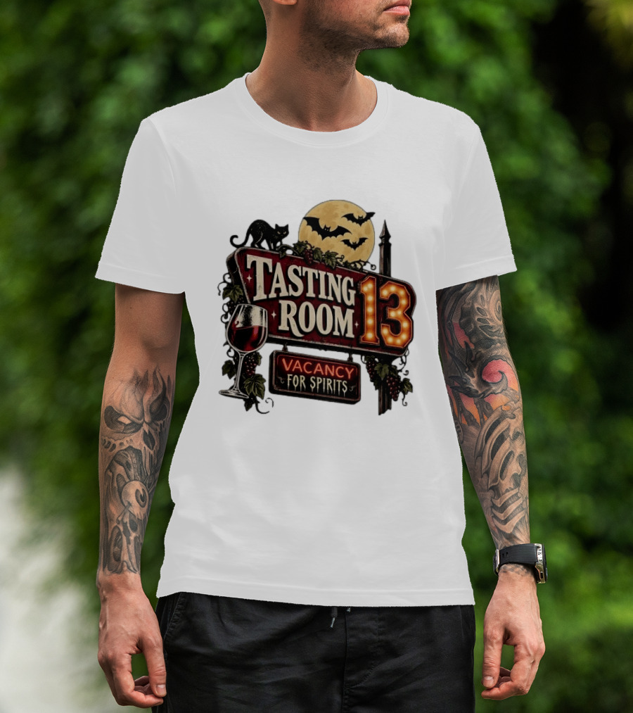 Tasting Room 13 Vacancy For Spirits Halloween Wine Moon Bats Cat T-Shirt