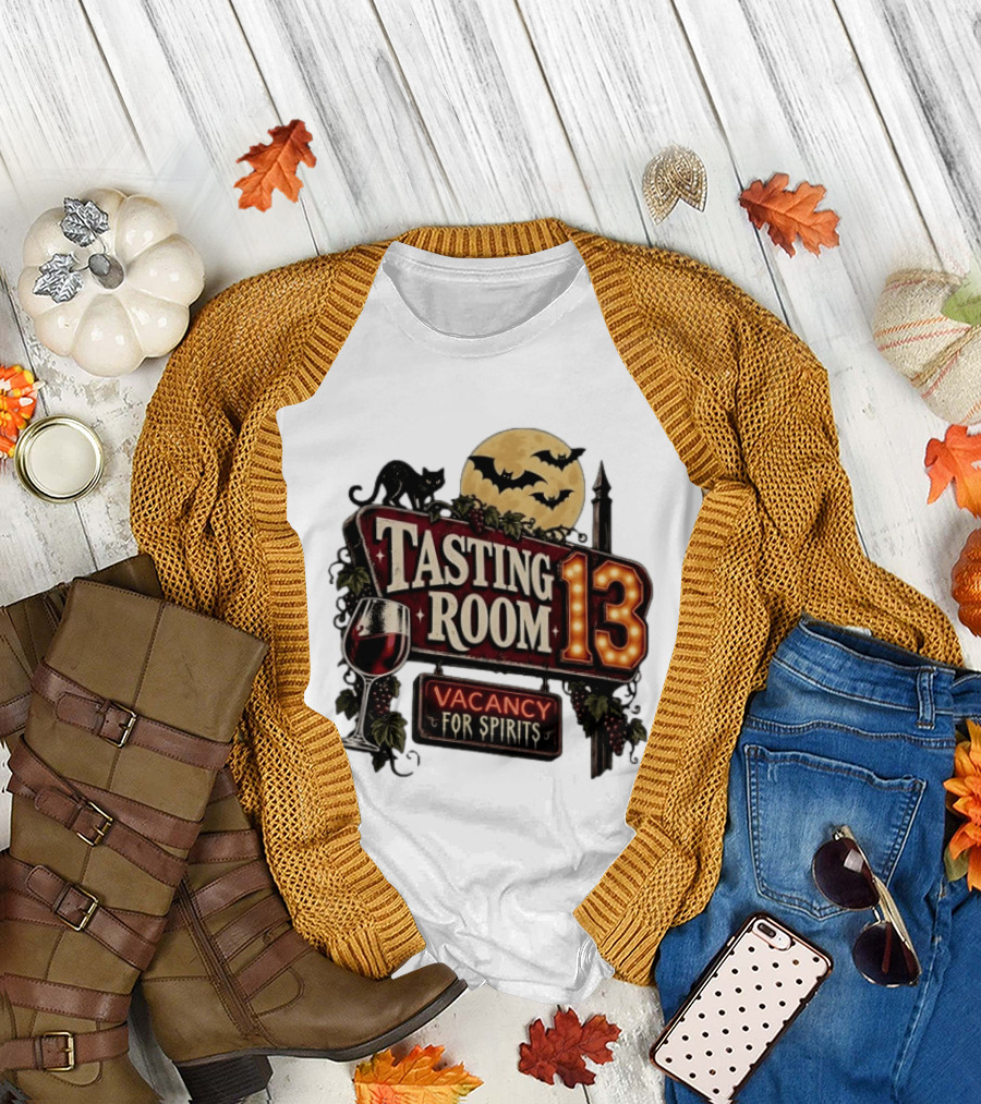 Tasting Room 13 Vacancy For Spirits Halloween Wine Moon Bats Cat T-Shirt