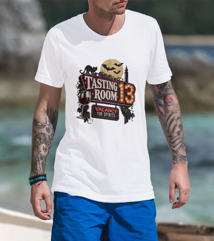 Tasting Room 13 Vacancy For Spirits Halloween Wine Moon Bats Cat T-Shirt