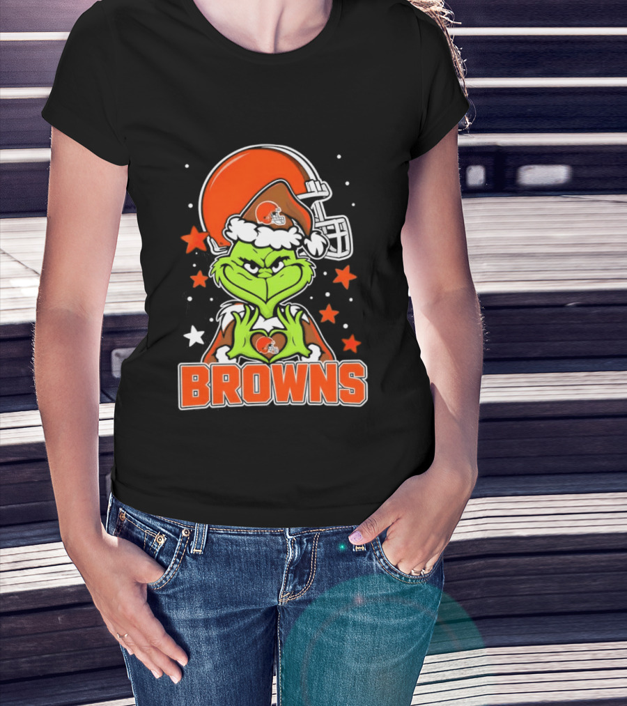 Grinch Heart Love Cleveland Browns Christmas Football T-Shirt