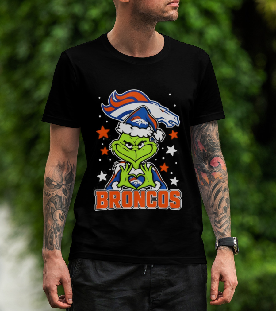 Broncos Christmas Grinch Heart Hands Love Denver Football T-Shirt