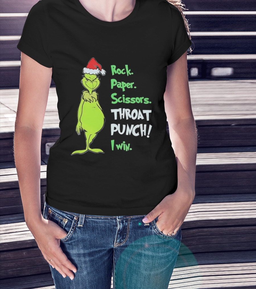 Rock Paper Scissors Throat Punch I Win Grinch With Santa Hat T-Shirt