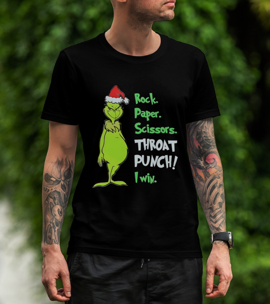 Rock Paper Scissors Throat Punch I Win Grinch With Santa Hat T-Shirt