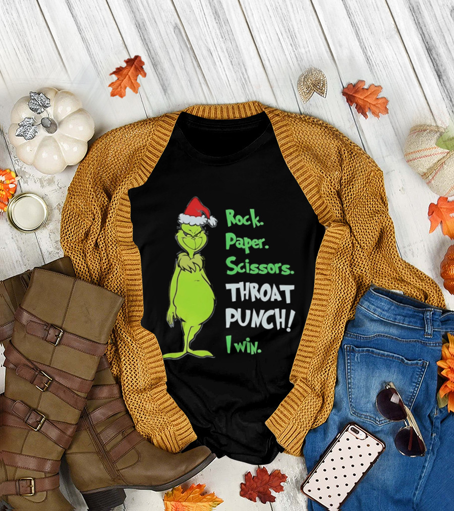 Rock Paper Scissors Throat Punch I Win Grinch With Santa Hat T-Shirt