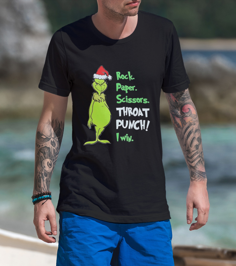 Rock Paper Scissors Throat Punch I Win Grinch With Santa Hat T-Shirt