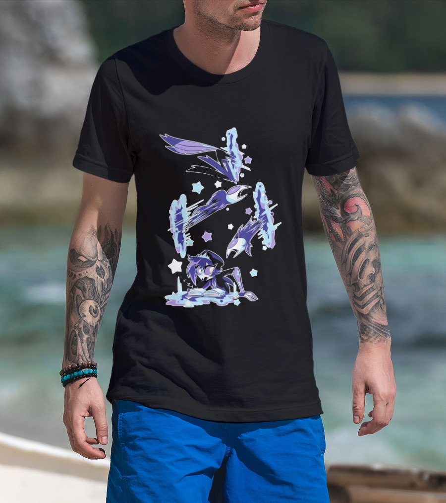 Shark Robot Octavia Portal Animated Illustration With Stars And Blue Avian T-Shirt