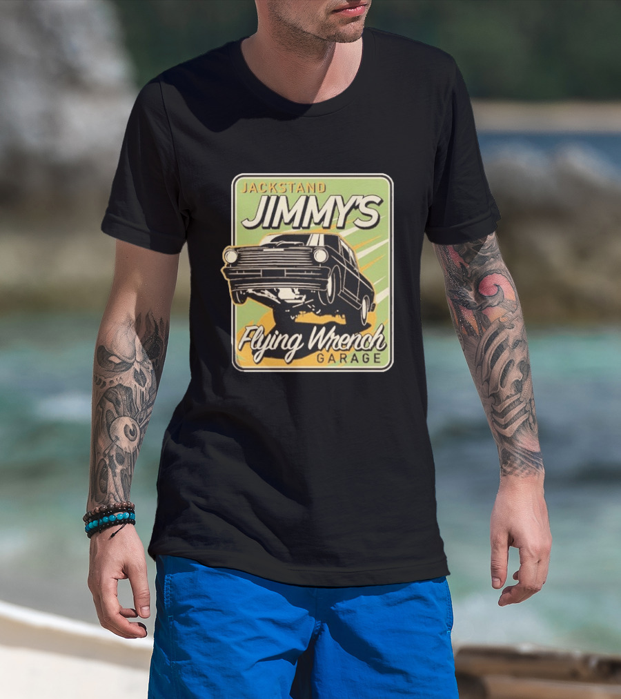 Jackstand Jimmy's Flying Wrench Garage Vintage Hot Rod Art Cleetus McFarland T-Shirt