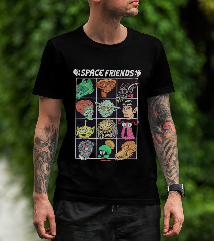 Space Friends Killer Acid Sci Fi Collage Alien Monster Characters T-Shirt