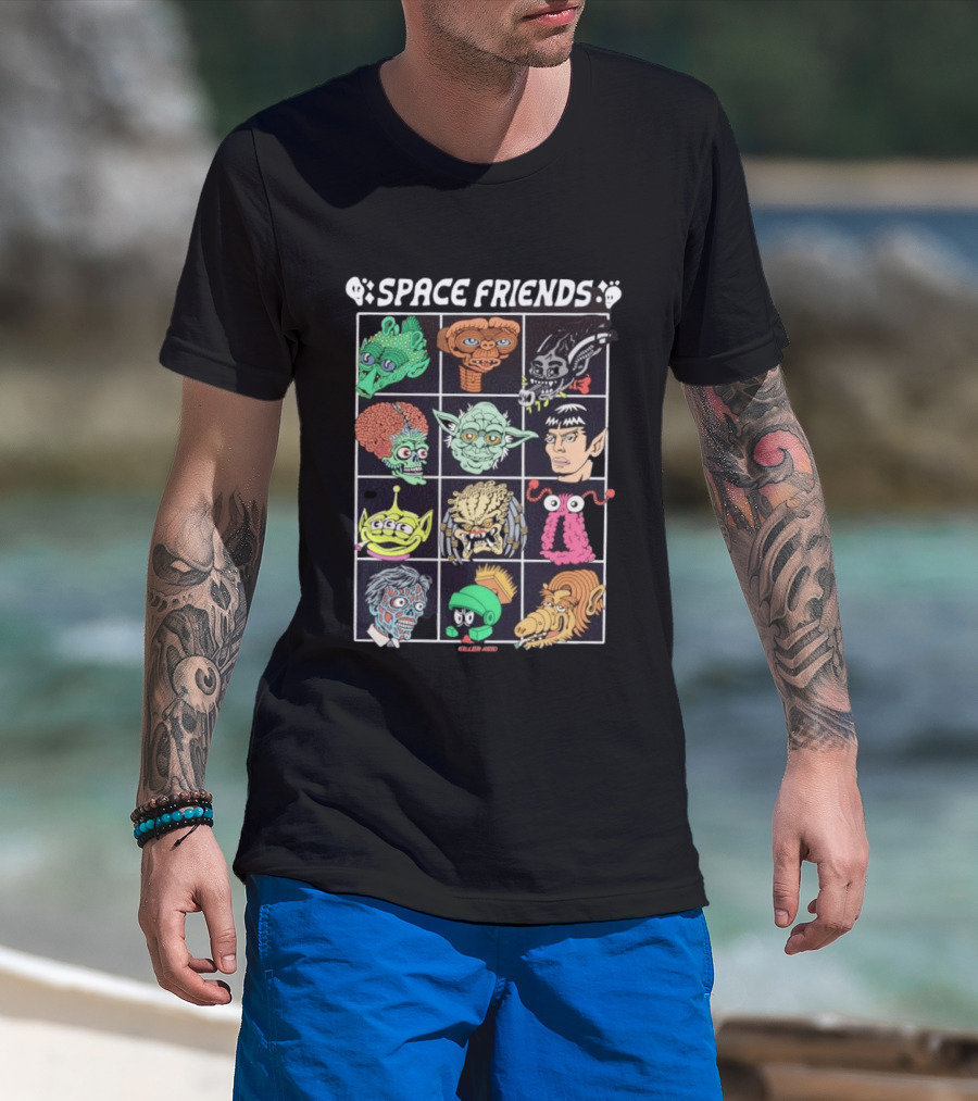 Space Friends Killer Acid Sci Fi Collage Alien Monster Characters T-Shirt