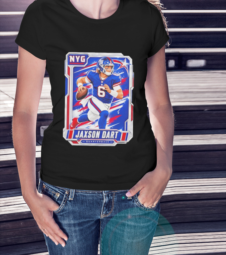 NYG Jaxson Dart 2026 Trading Card Blue Jersey Quarterback T-Shirt