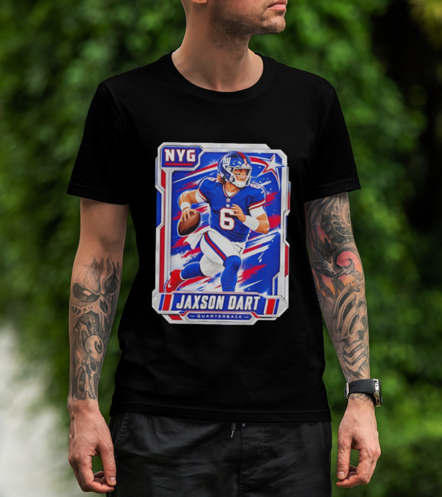 NYG Jaxson Dart 2026 Trading Card Blue Jersey Quarterback T-Shirt