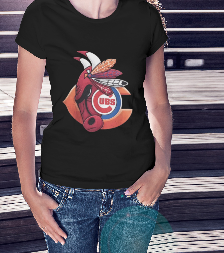Chicago Bears Cubs Red Bull Native American Headdress T-Shirt