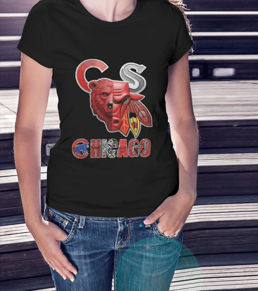 Chicago Cubs Bulls Blackhawks Split Face Bear Bull T-Shirt