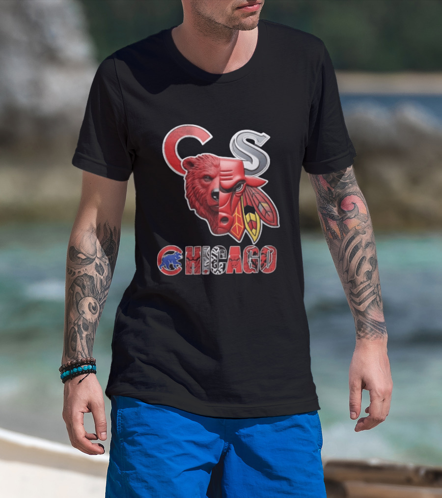 Chicago Cubs Bulls Blackhawks Split Face Bear Bull T-Shirt