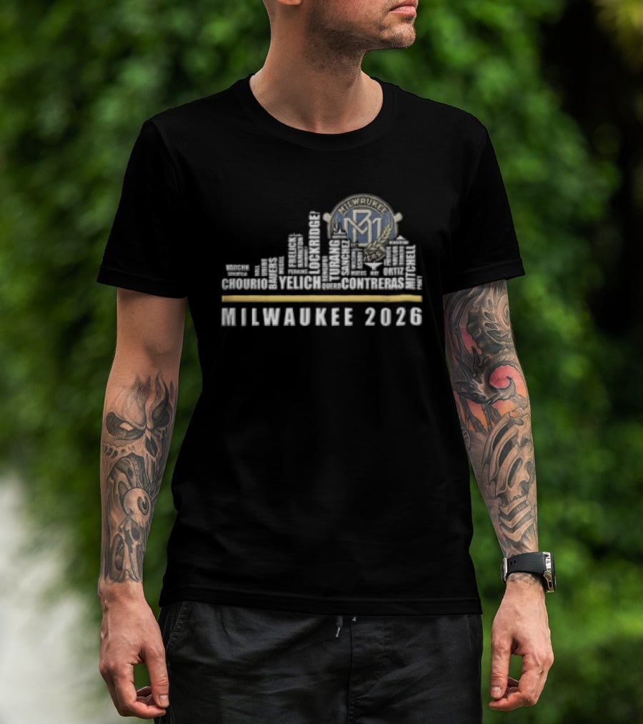 Milwaukee Brewers 2026 Skyline Text Design MLB T-Shirt
