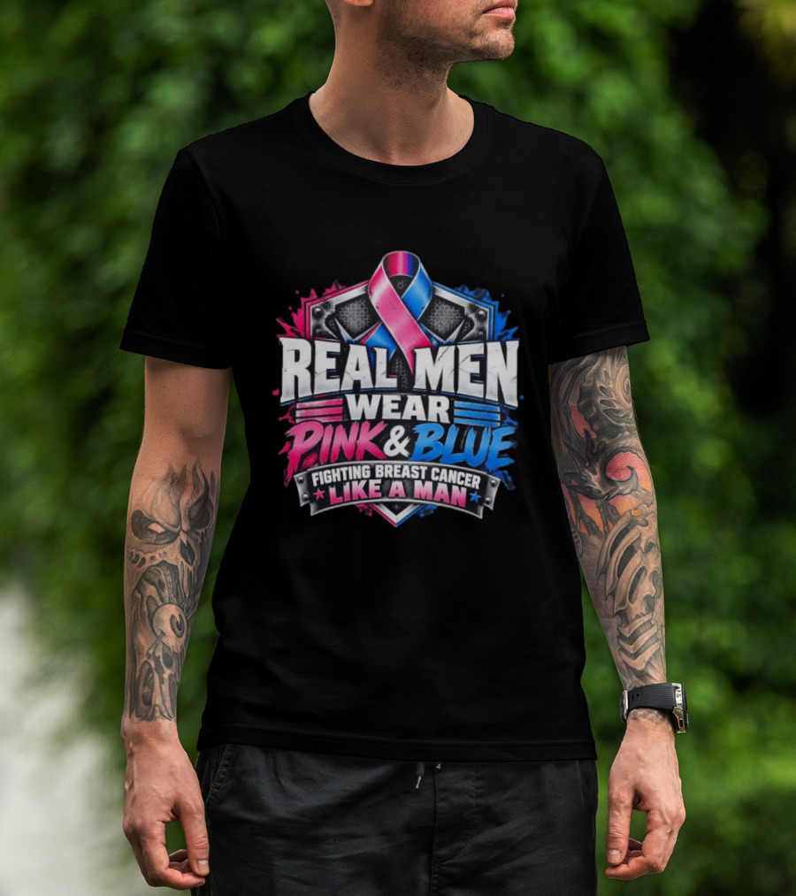Real Men Wear Pink And Blue Fighting Breast Cancer Like A Man Ribbon Shield T-Shirt