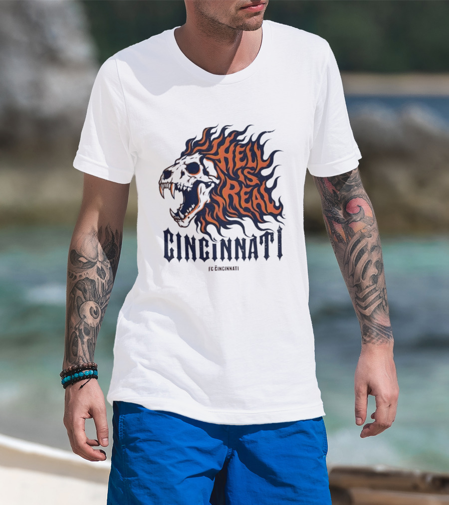 FC Cincinnati Lion Skull Hell Is Real Flames Roaring Fire T-Shirt