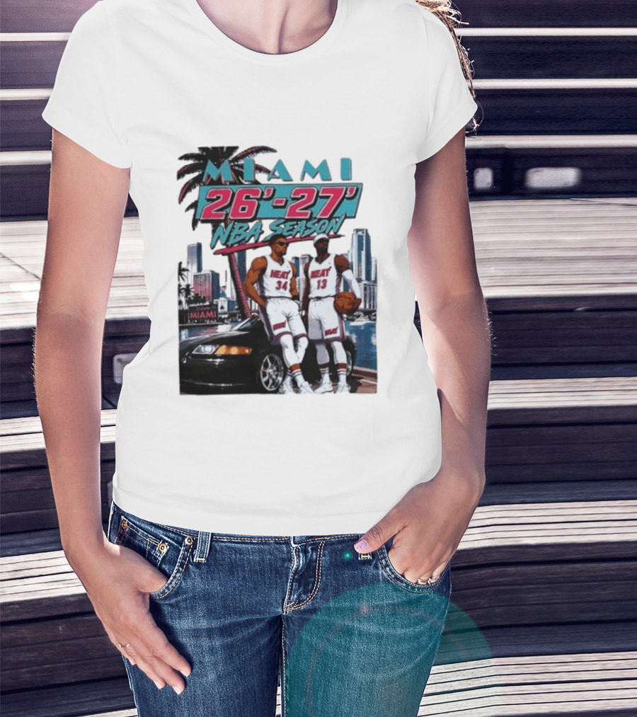 Miami Heat 26 27 NBA Season Palm Trees Skyline Players T-Shirt