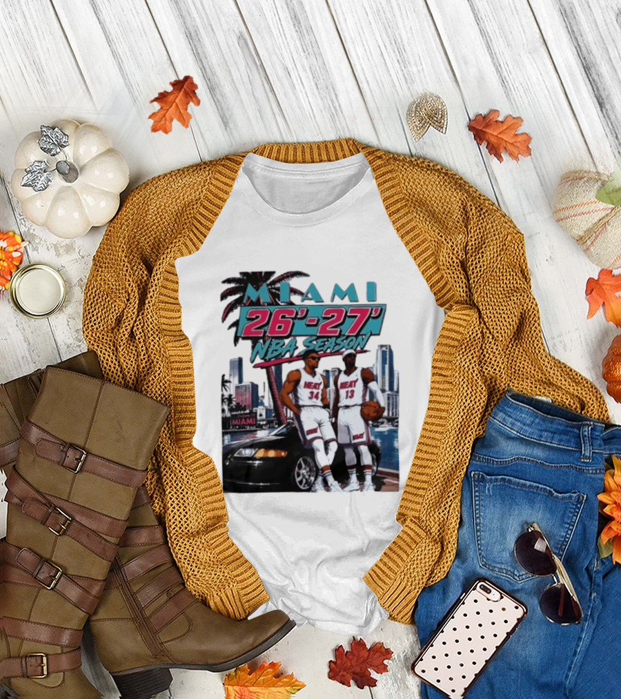 Miami Heat 26 27 NBA Season Palm Trees Skyline Players T-Shirt