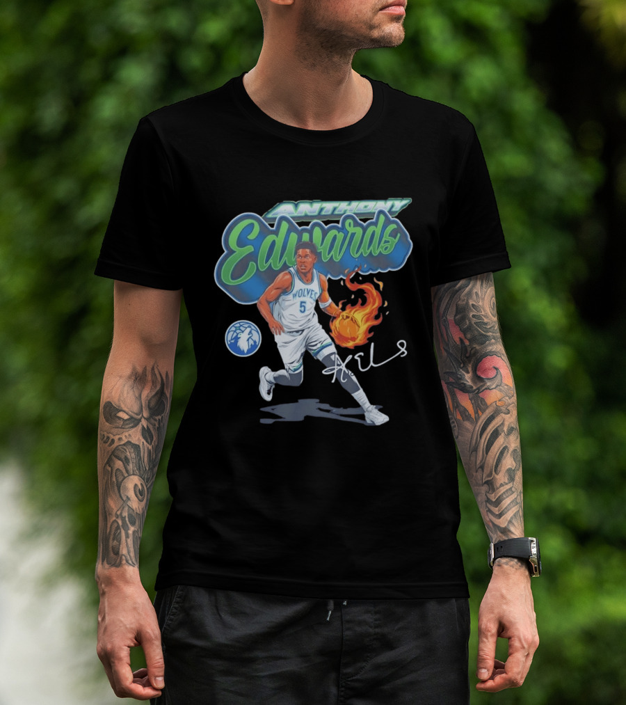 Anthony Edwards Wolves Cursive Script Basketball Flame Edit T-Shirt