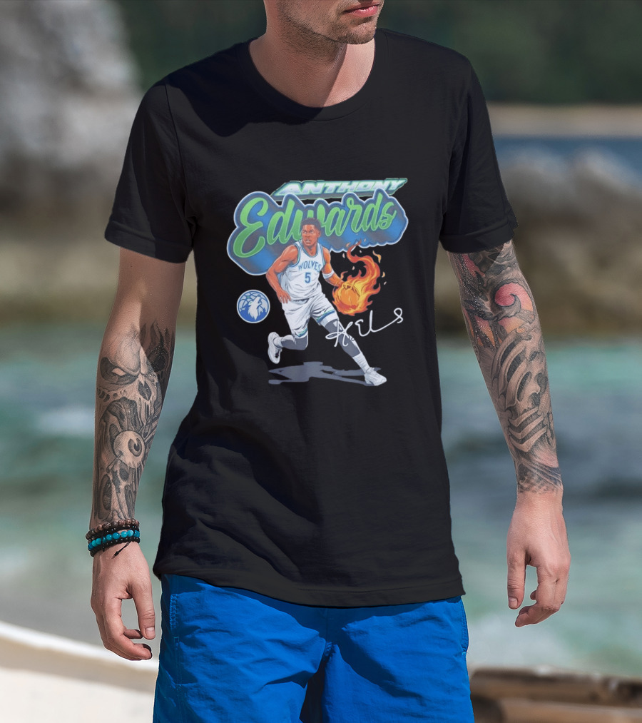 Anthony Edwards Wolves Cursive Script Basketball Flame Edit T-Shirt