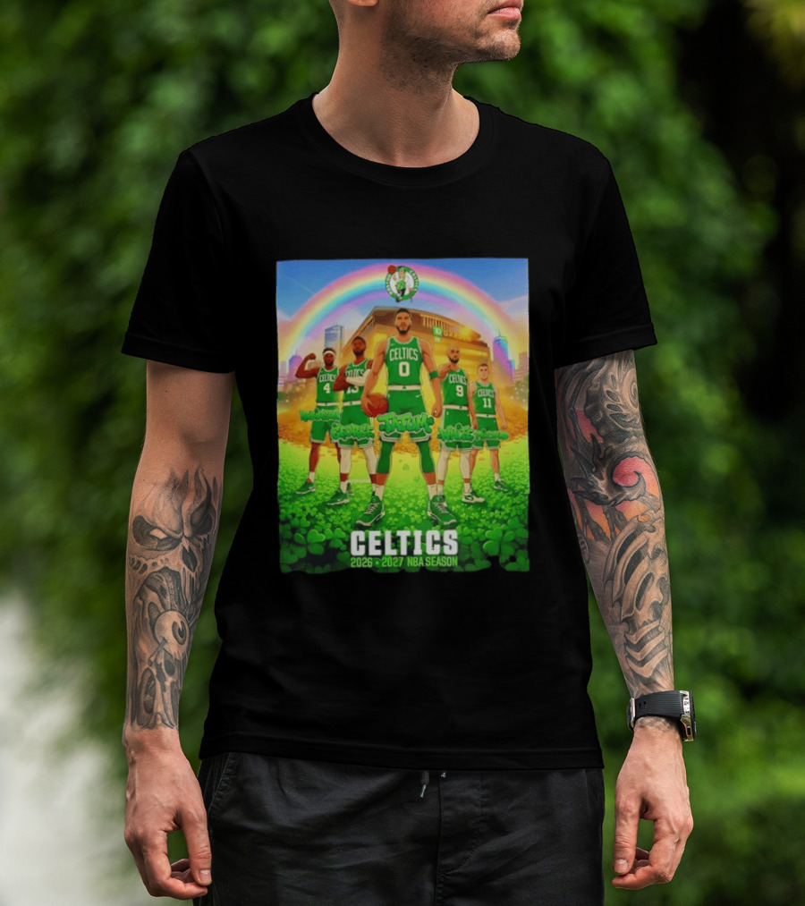 Boston Celtics 2026 2027 NBA Season Tatum George White Robinson Pritchard Basketball Team Players Under Rainbow Scene T-Shirt