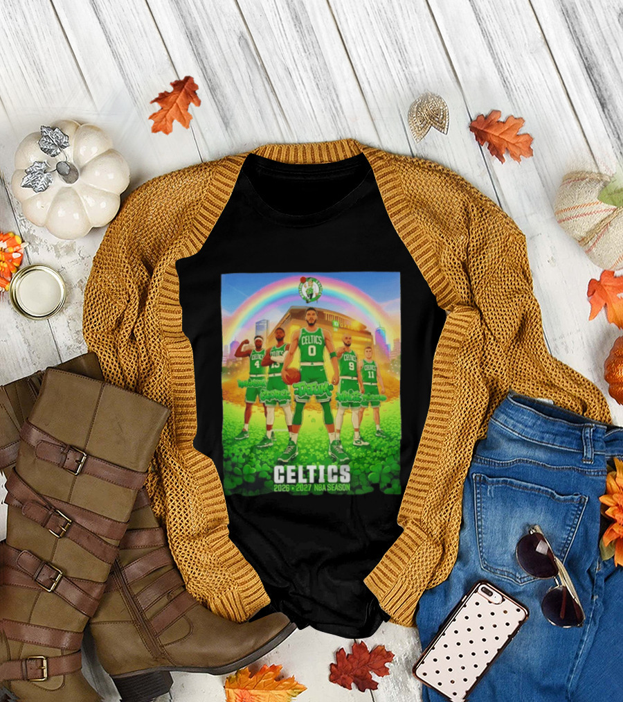 Boston Celtics 2026 2027 NBA Season Tatum George White Robinson Pritchard Basketball Team Players Under Rainbow Scene T-Shirt