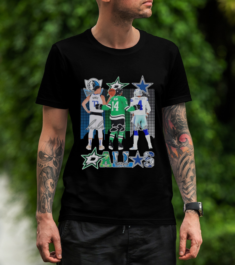 Dallas Mavericks Stars Signatures Skyline Luka Doncic Benn Dallas Cowboys T-Shirt