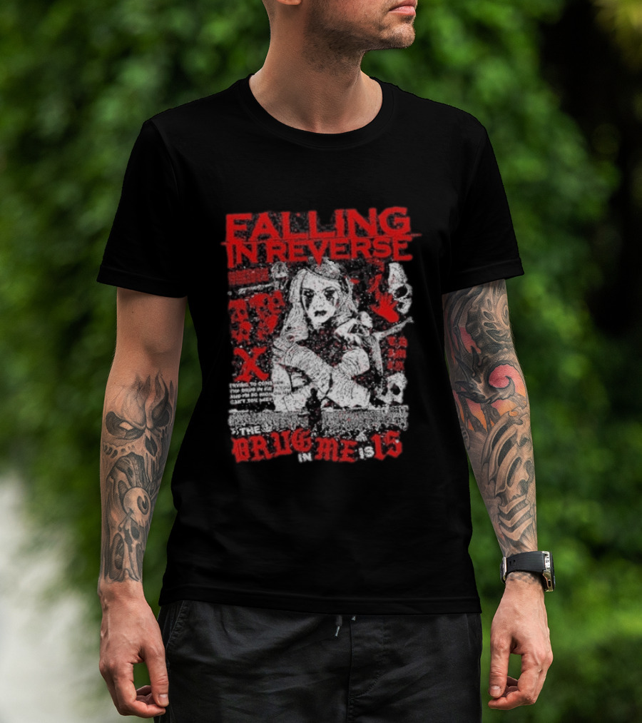 Falling In Reverse The Drug In Me Is 15 Anniversary Punk Gothic Red Text And Illustrations T-Shirt