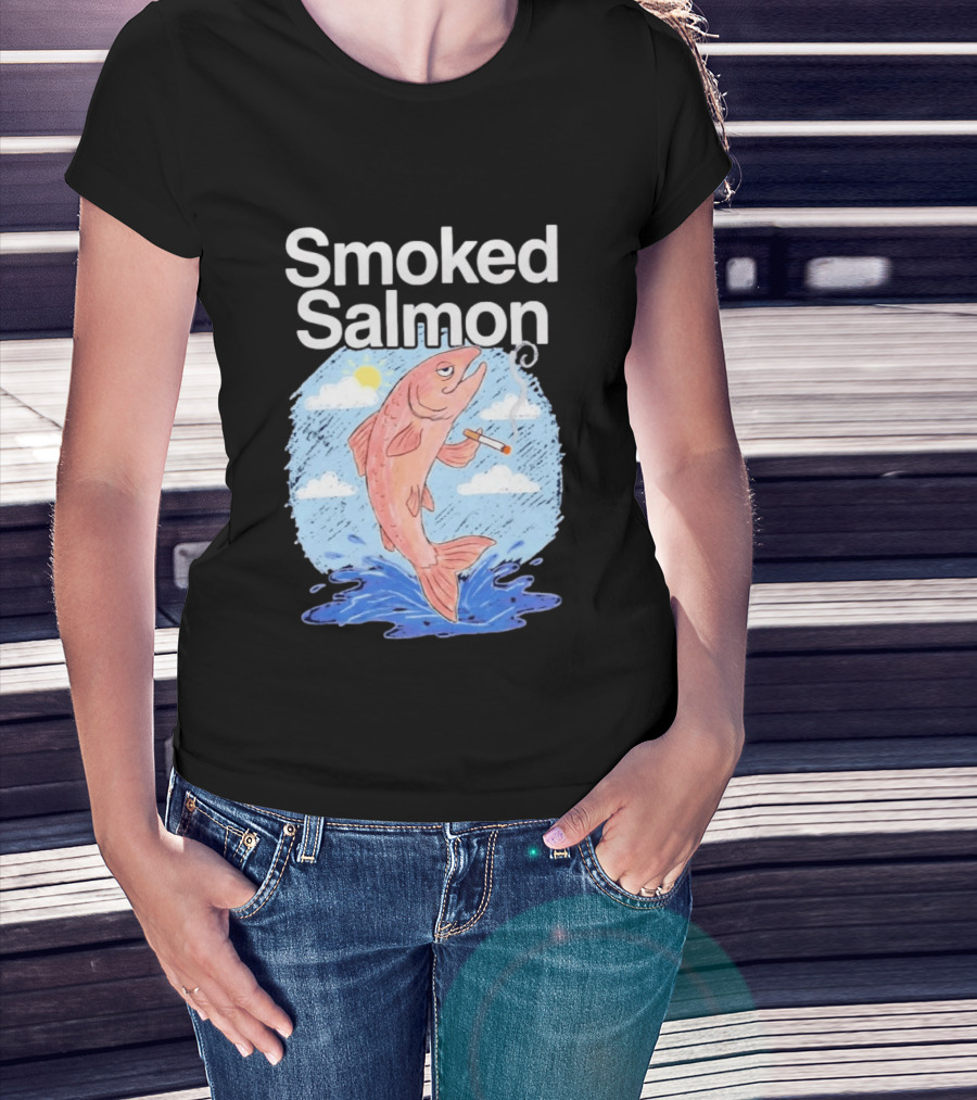 Smoked Salmon Smoking Fish Humorous Cartoon Design With Cloud And Water T-Shirt