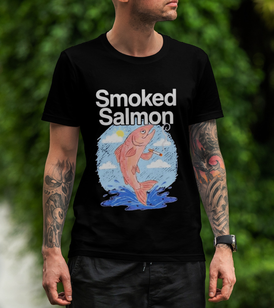 Smoked Salmon Smoking Fish Humorous Cartoon Design With Cloud And Water T-Shirt