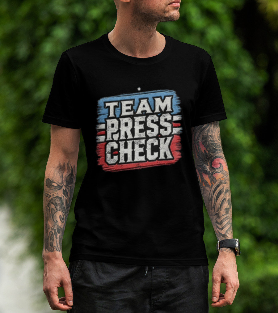 Team Press Check Bold Text On Red And Blue Stripes T-Shirt