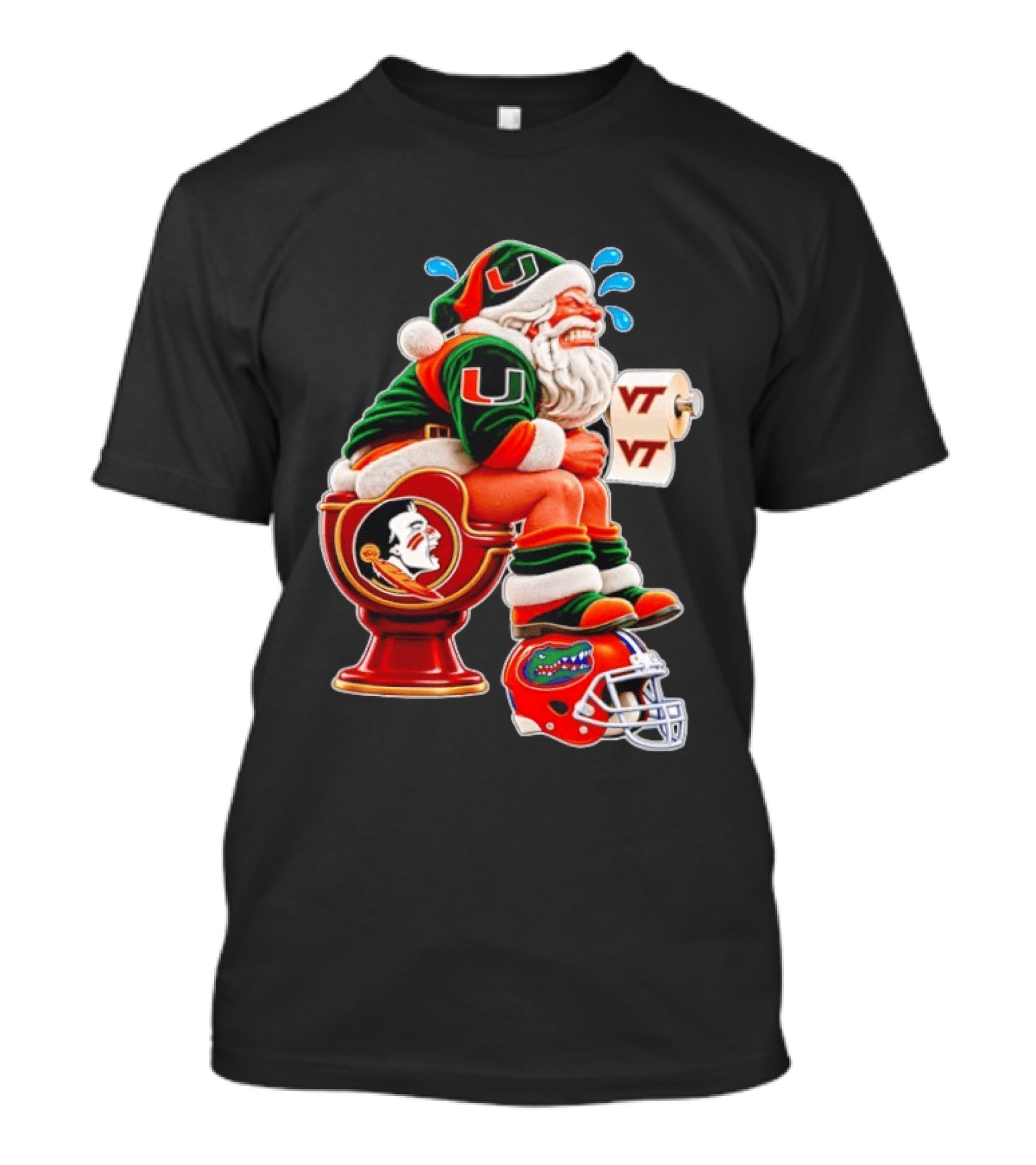 Miami Hurricanes Santa Claus Laughing On Florida State Toilet With Virginia Tech Toilet Paper And Florida Gators Helmet T-Shirt