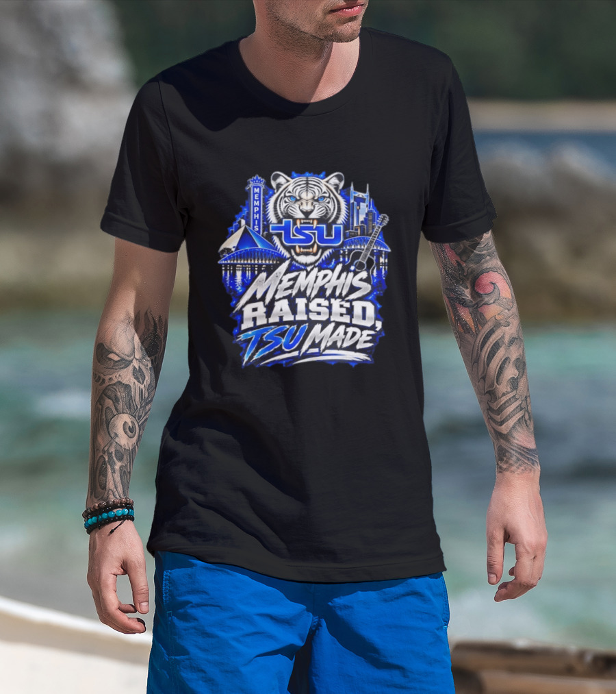 Memphis Raised TSU Made Tiger Skyline Guitar Blueprint T-Shirt