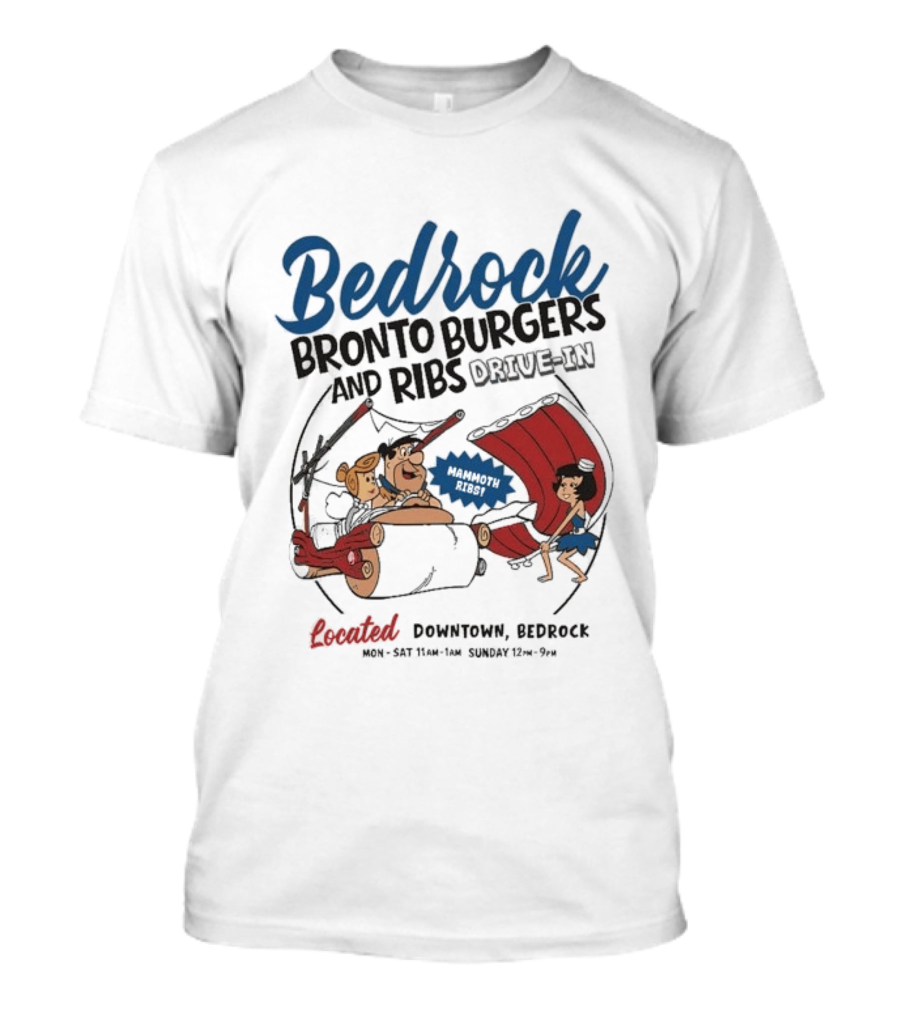 Bedrock Bronto Burgers And Ribs Drive In Downtown Bedrock Fred Flintstone Car And Dino Ribs T-Shirt