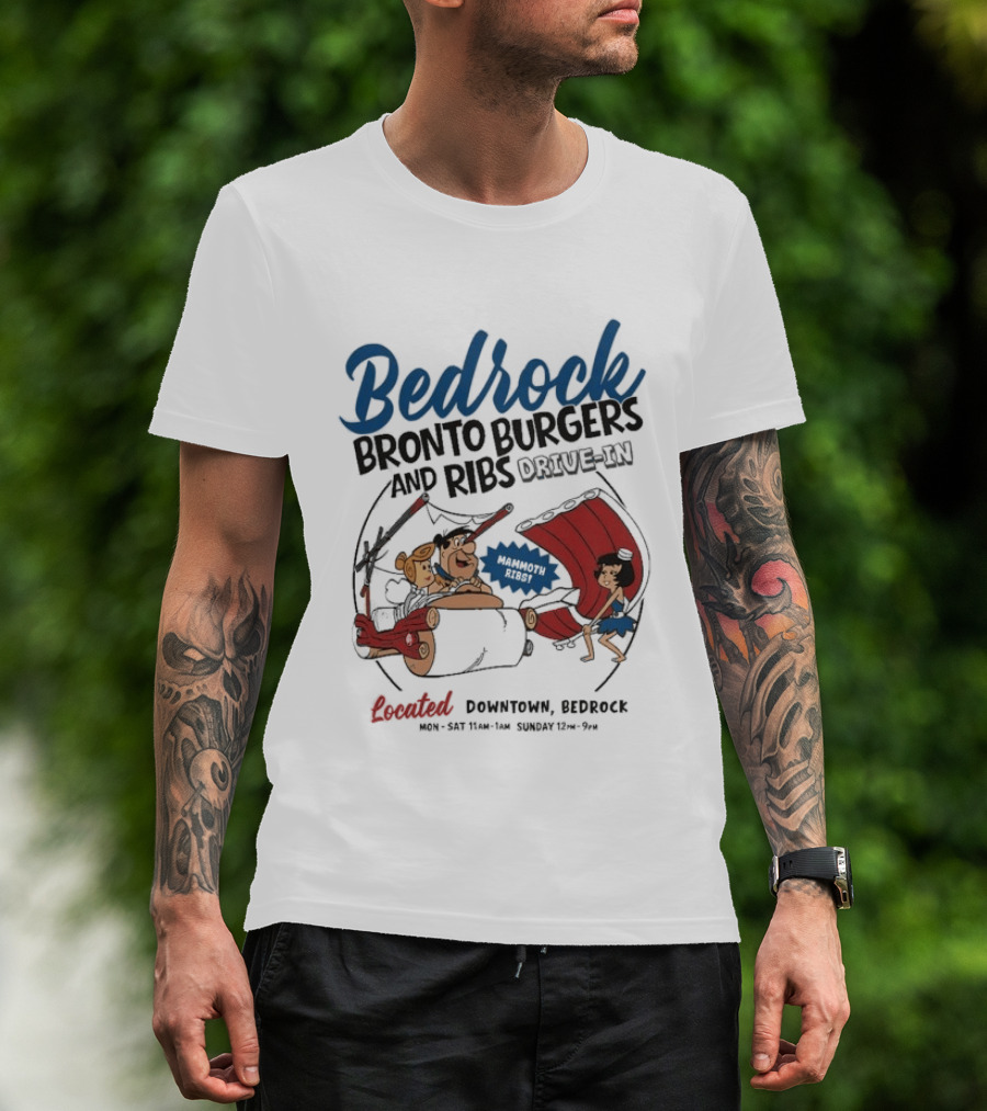 Bedrock Bronto Burgers And Ribs Drive In Downtown Bedrock Fred Flintstone Car And Dino Ribs T-Shirt