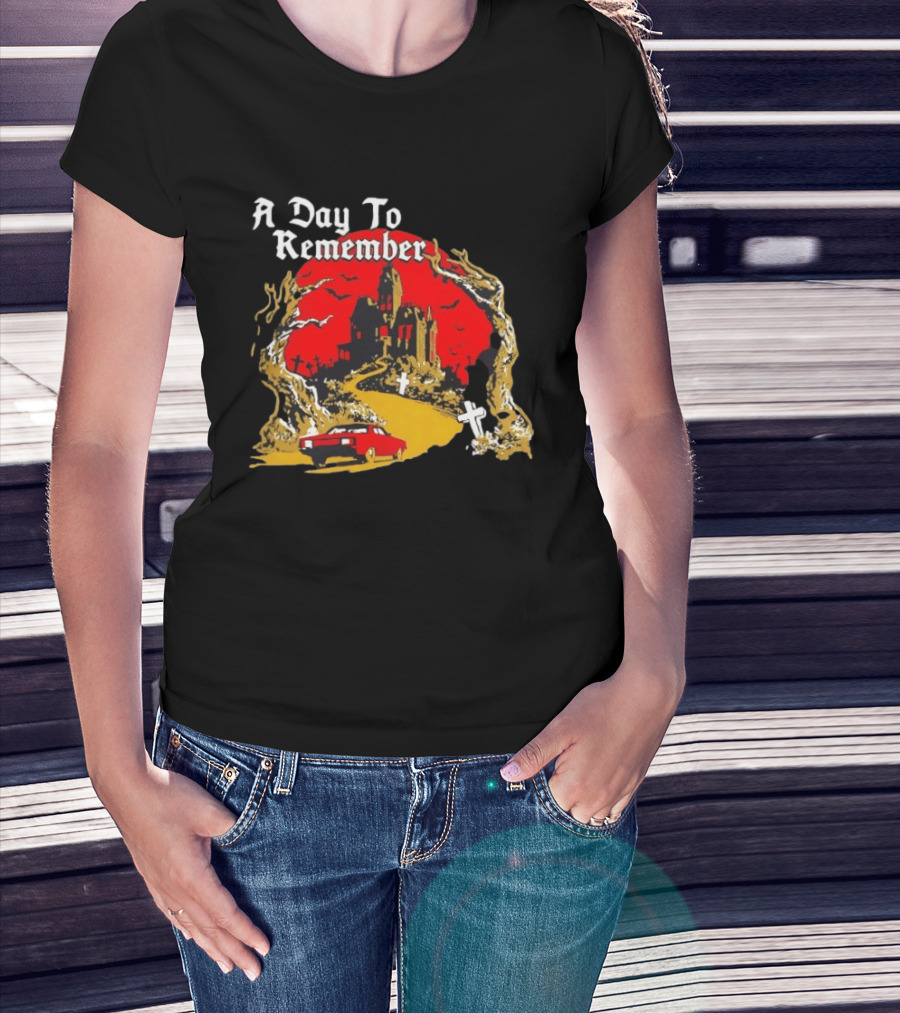 A Day To Remember Haunted House Red Car Cemetery Scene T-Shirt