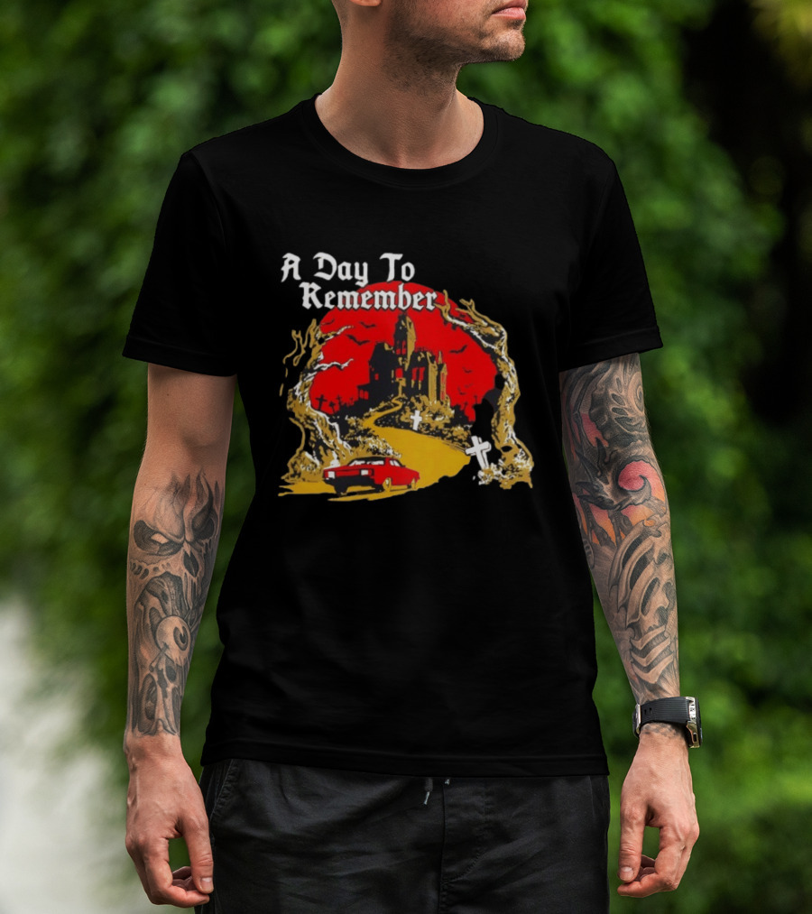 A Day To Remember Haunted House Red Car Cemetery Scene T-Shirt
