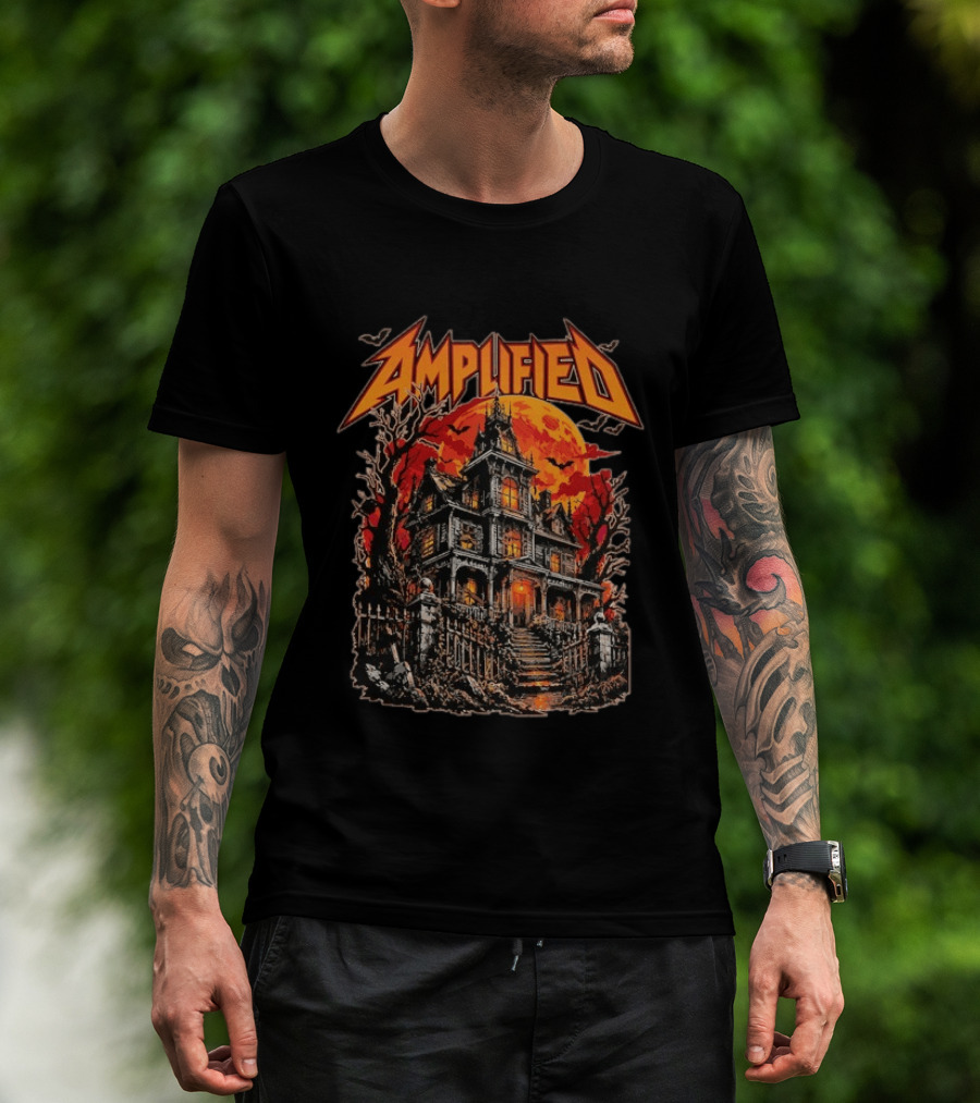 Amplified Haunted House Creepy Mansion With Eerie Full Moon And Dark Trees T-Shirt