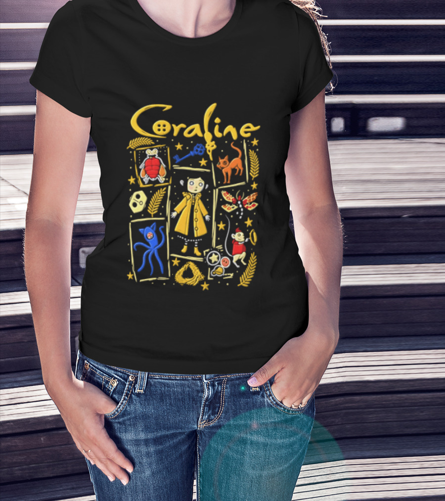 Coraline Characters Key Yellow Coat Cat Other Mother Neil Gaiman T-Shirt