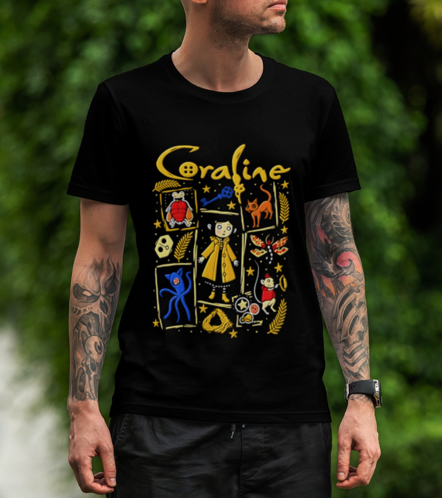 Coraline Characters Key Yellow Coat Cat Other Mother Neil Gaiman T-Shirt