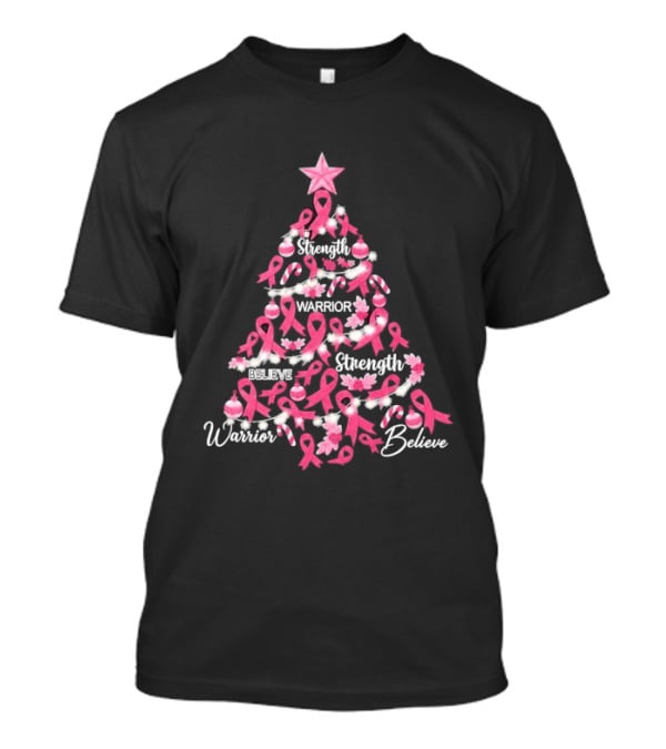Warrior Strength Believe Breast Cancer Awareness Christmas Tree T-Shirt