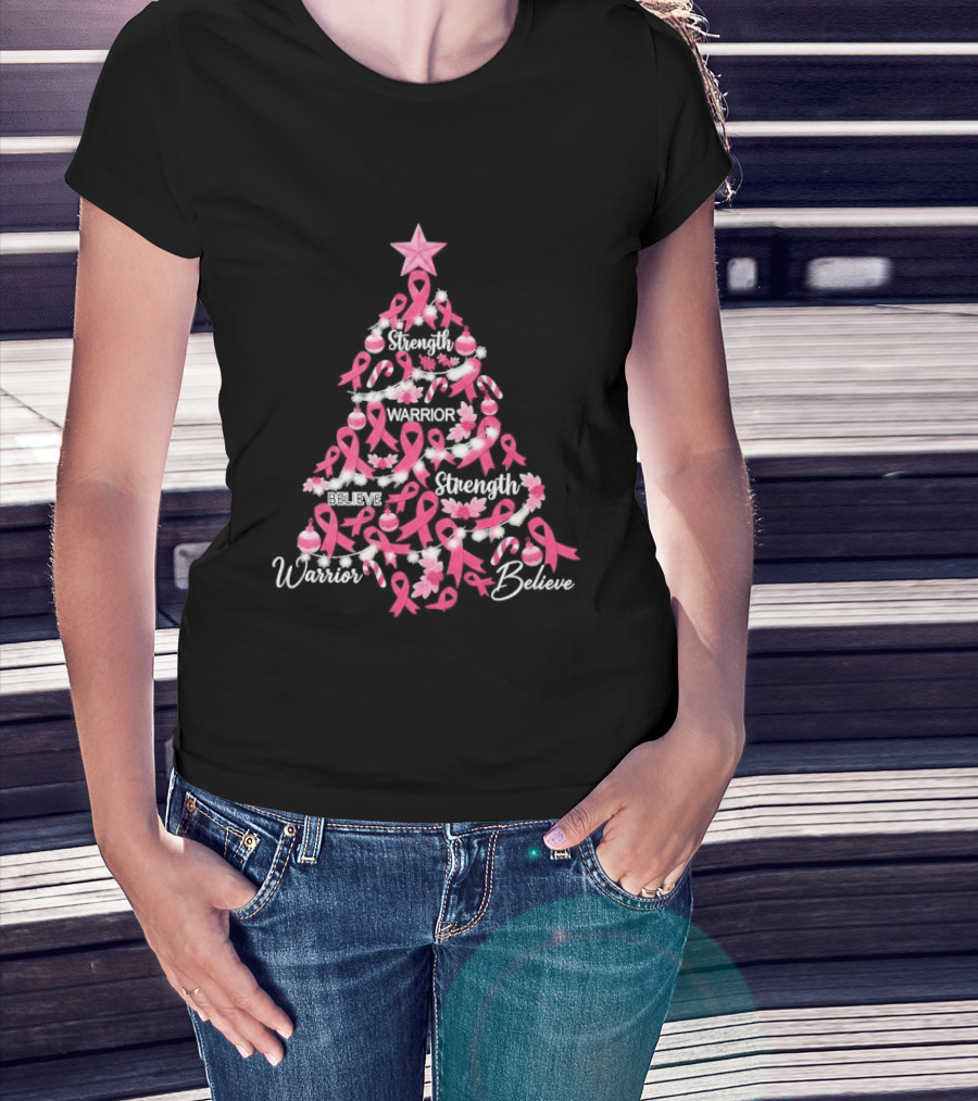 Warrior Strength Believe Breast Cancer Awareness Christmas Tree T-Shirt