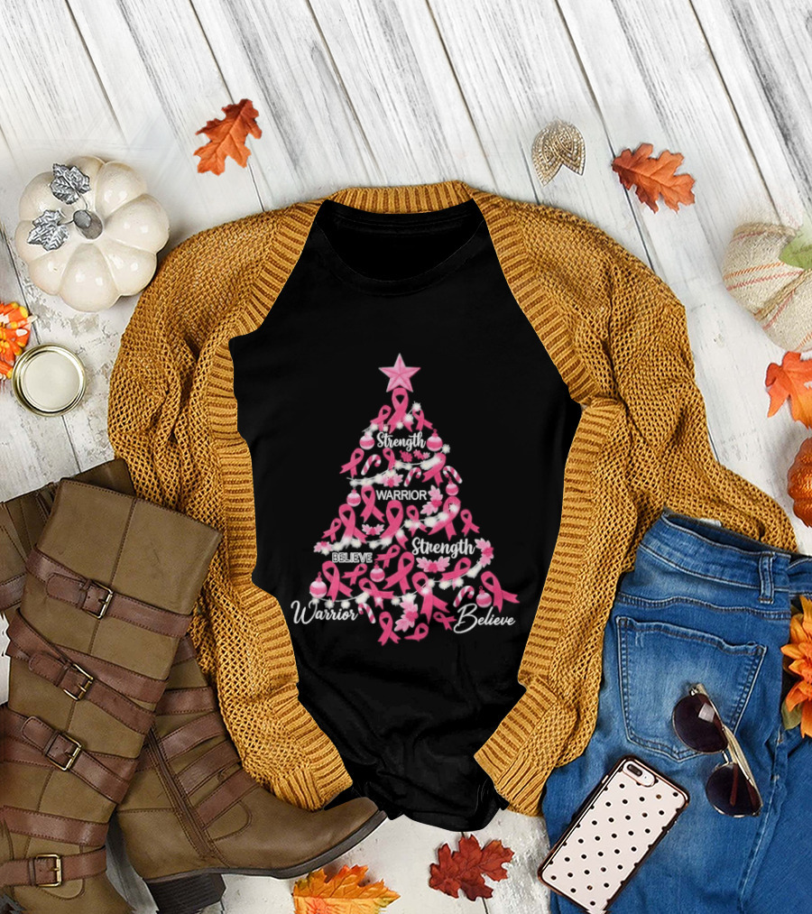 Warrior Strength Believe Breast Cancer Awareness Christmas Tree T-Shirt