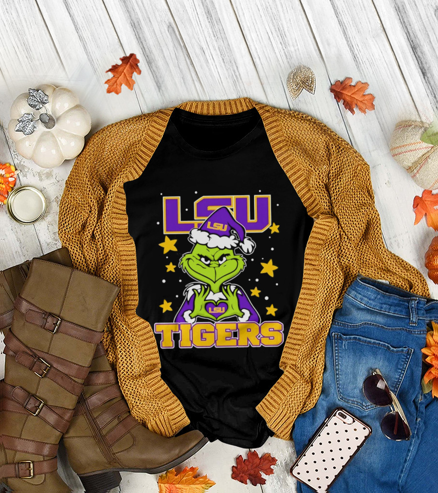 LSU Tigers Grinch Christmas Heart Hands T-Shirt