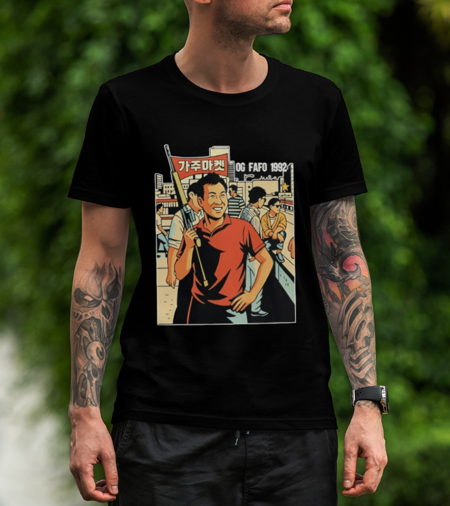 OG FAFO 1992 Rooftop Koreans Cartoon Characters Holding Flag And Rifle Urban Rooftop Scene T-Shirt