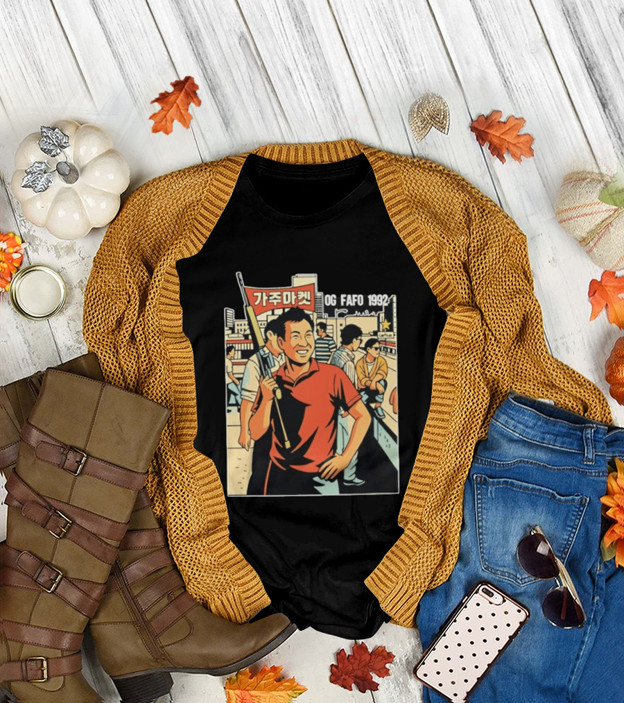 OG FAFO 1992 Rooftop Koreans Cartoon Characters Holding Flag And Rifle Urban Rooftop Scene T-Shirt